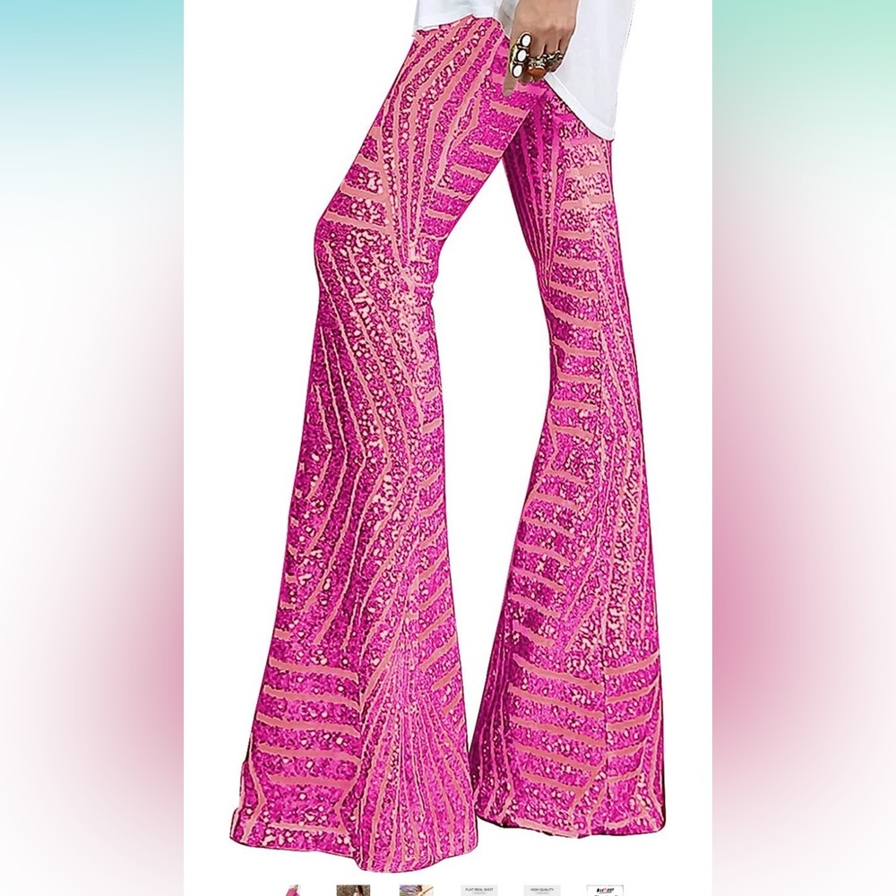 ✨ Sequin High Waist Bell Bottoms/Flared Trousers. Hot Pink. SO FUN!